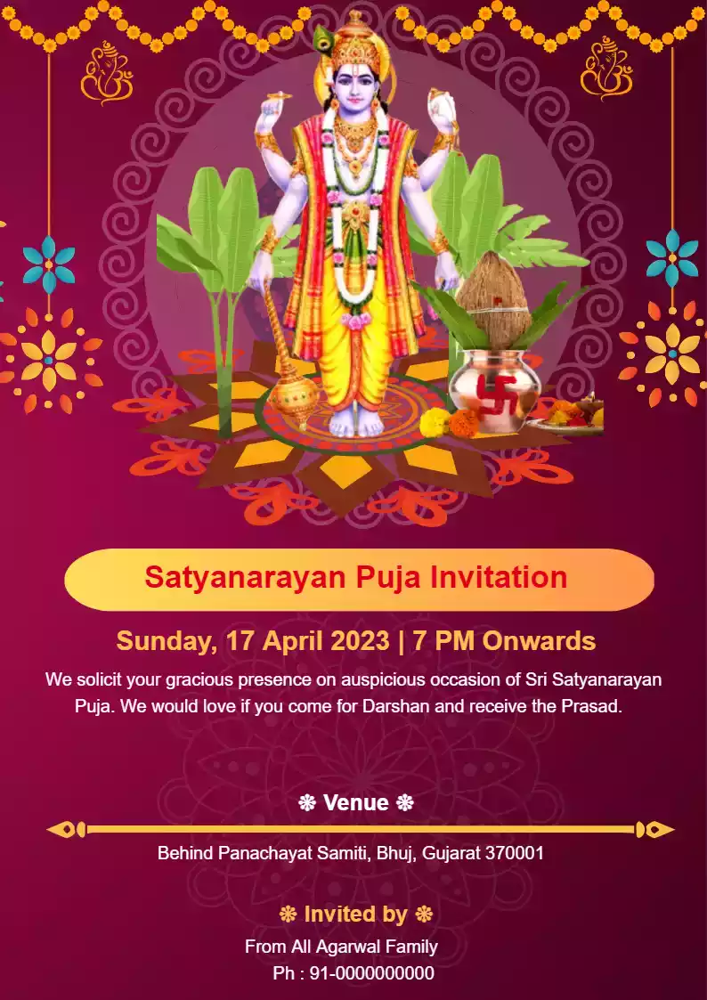 satyanarayan pooja invitation in english