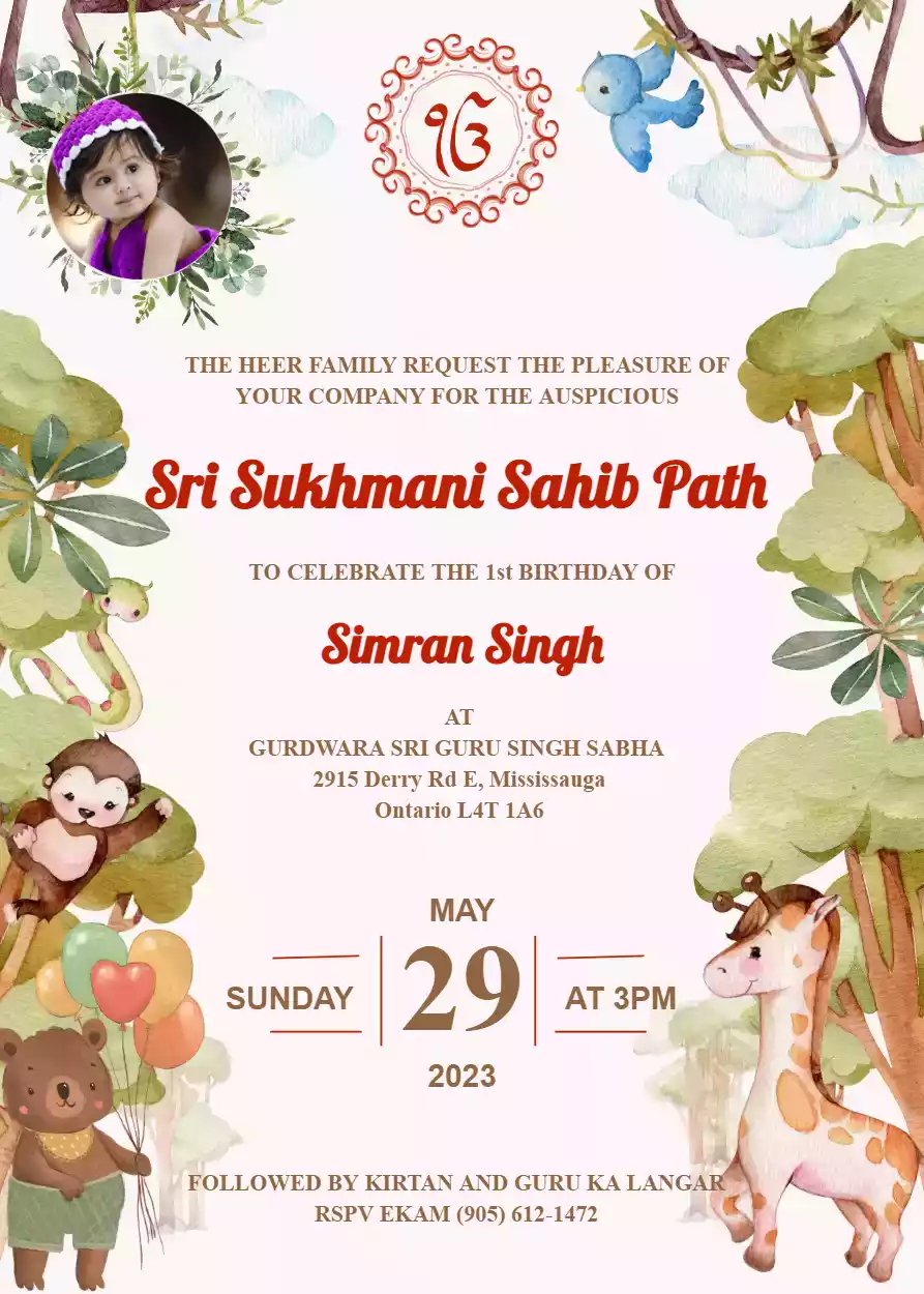 1st Birthday Sri Sukhmani Sahib Path Invitation
