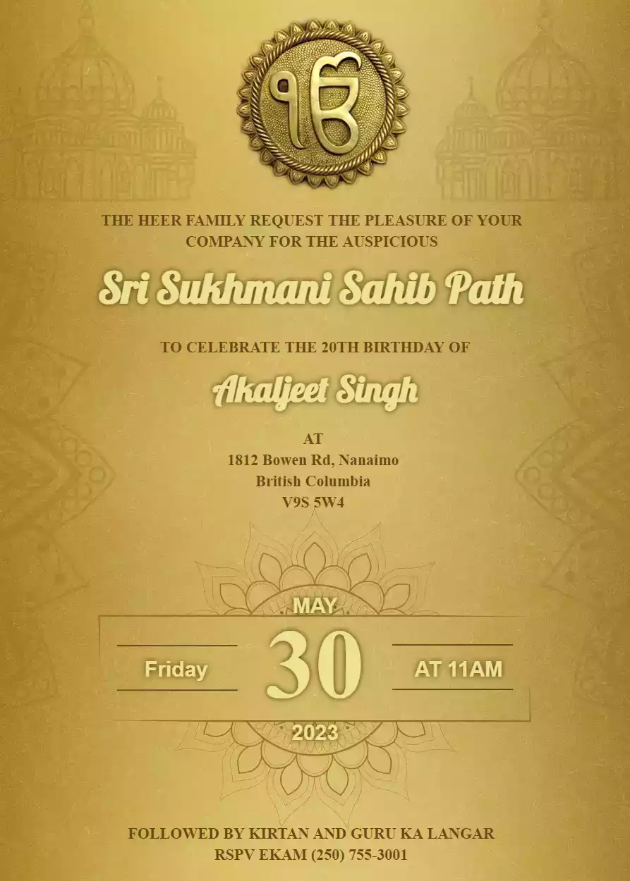 Invitation Card for Sukhmani Sahib Path