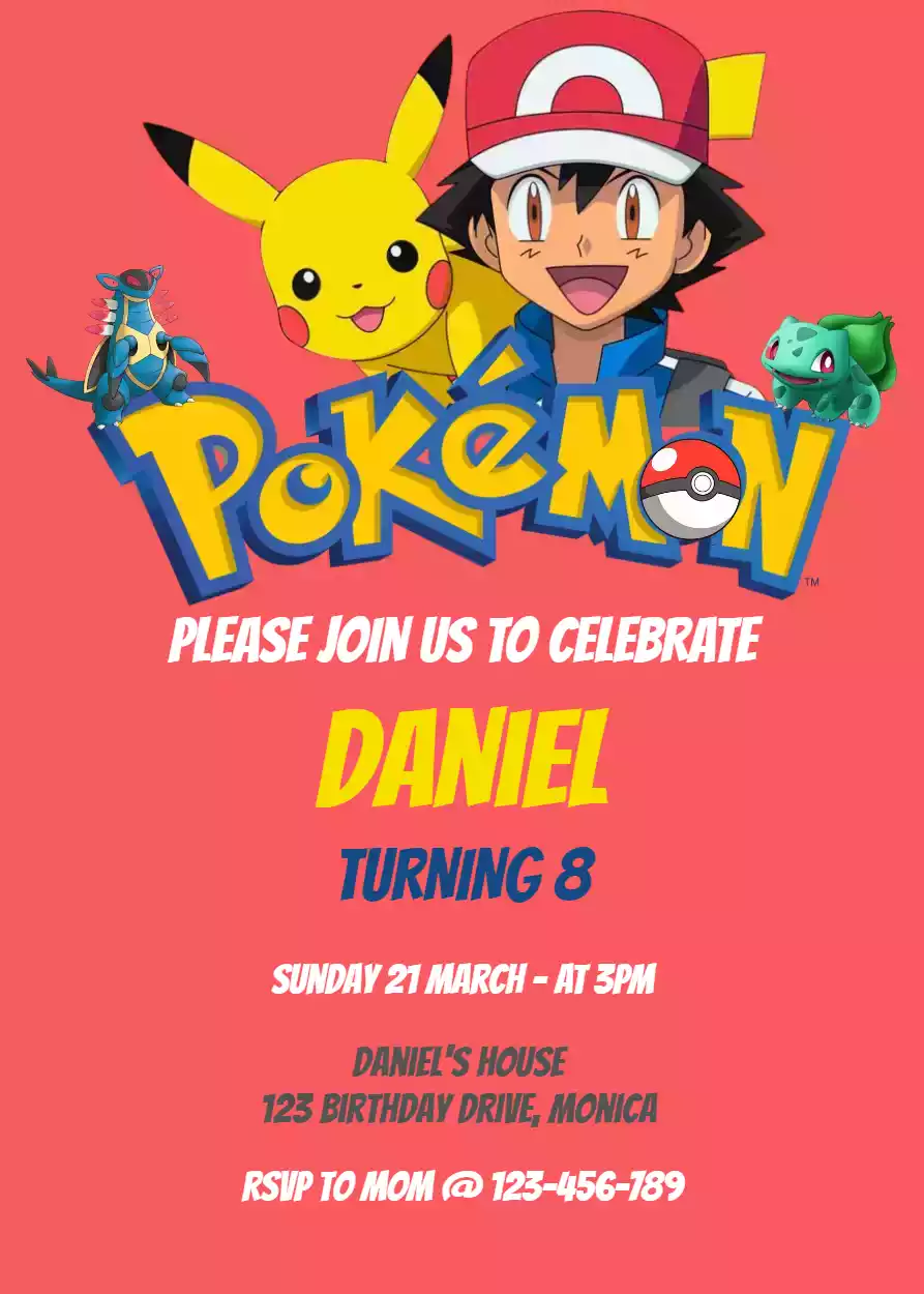 8 Pokémon invitations - Pokémon theme birthday party