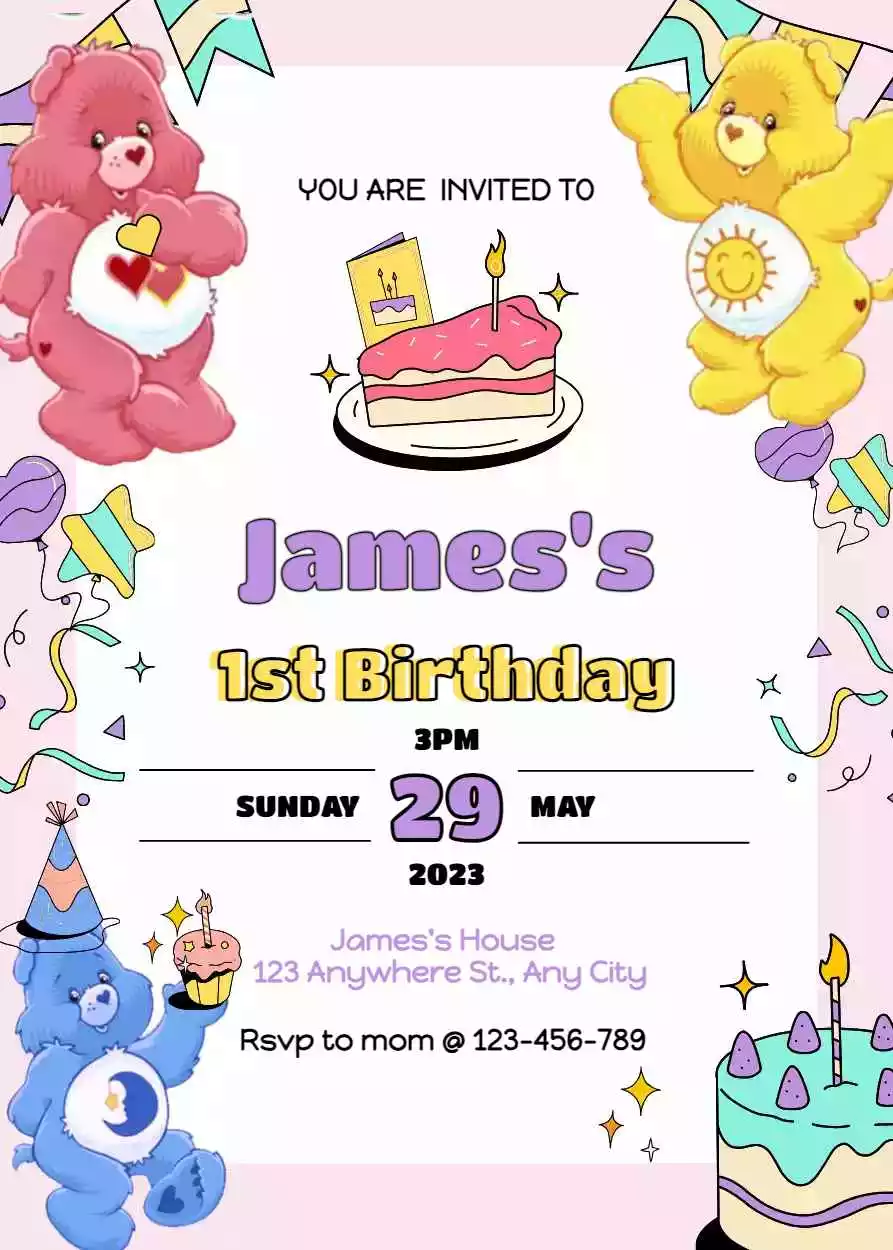 Care Bear 1st Birthday Invitations
