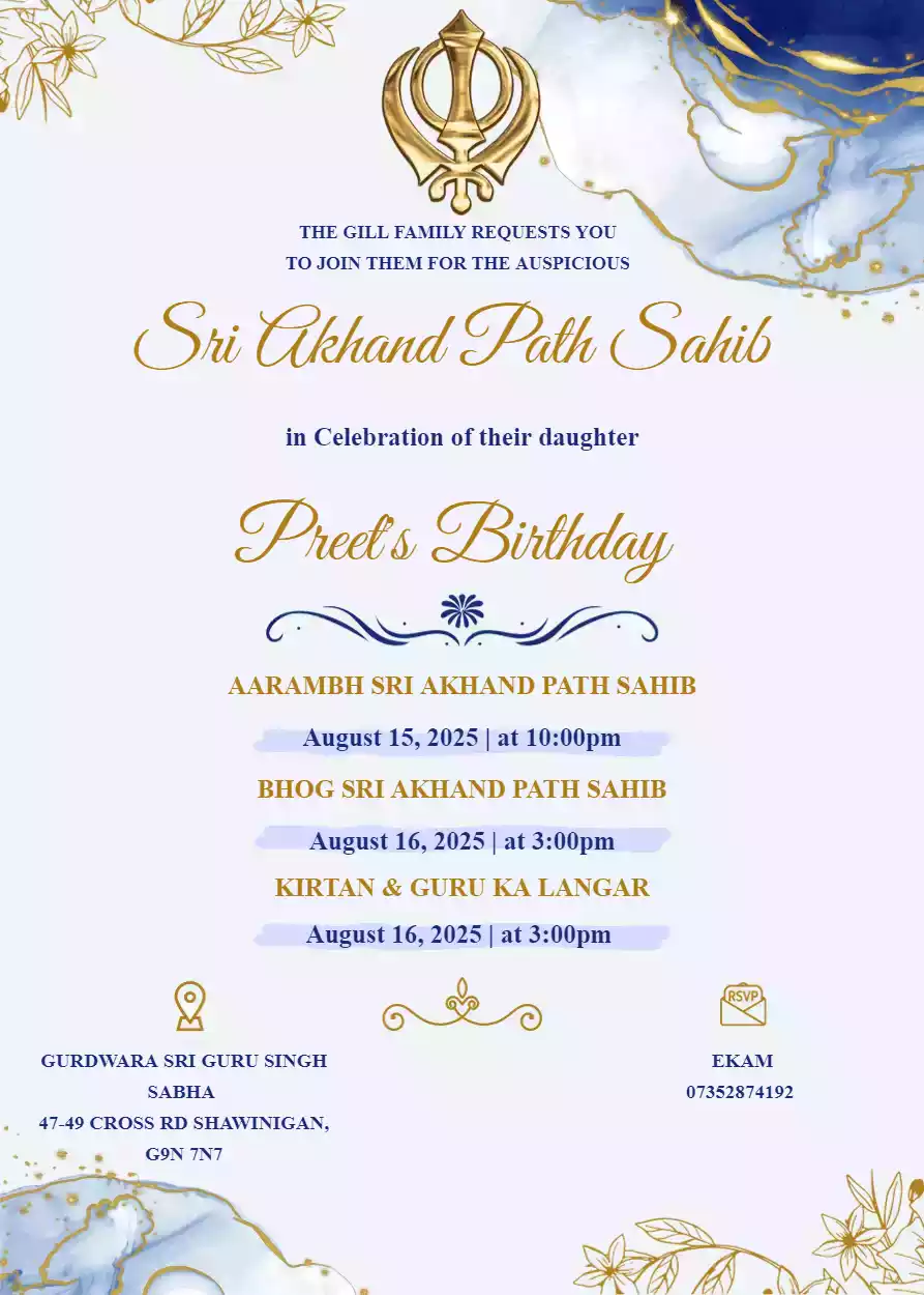 Akhand Path Sahib Birthday Invitation