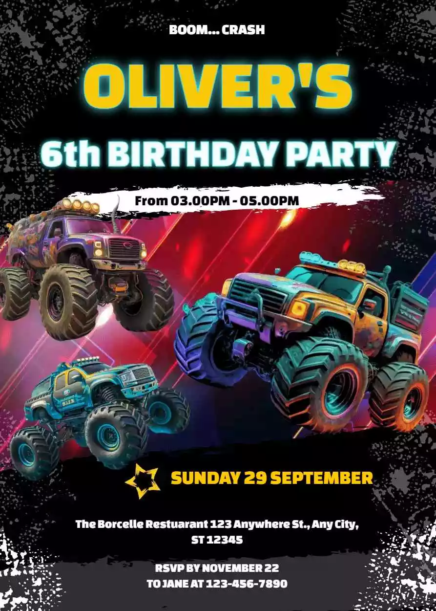 Monster Truck Birthday Invitation Template