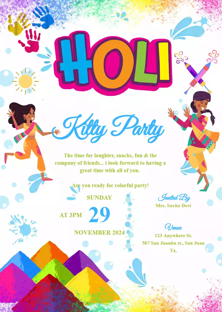 Holi Theme Kitty Party Invitation Card